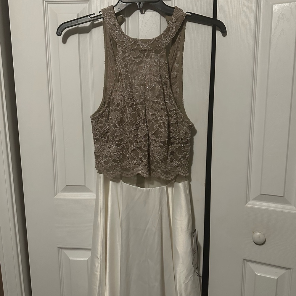 City Studio Lace Top Backless Dress in Cream and Brown